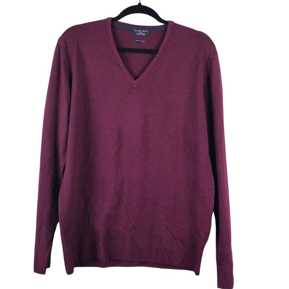 Zara Man Burgundy V Neck Wool Sweater Women L Pullover Classic Long Sleeve